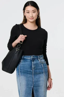 Washed Denim Split Hem Knee Length Skirt