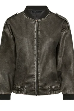 Washed Faux Leather Bomber Jacket