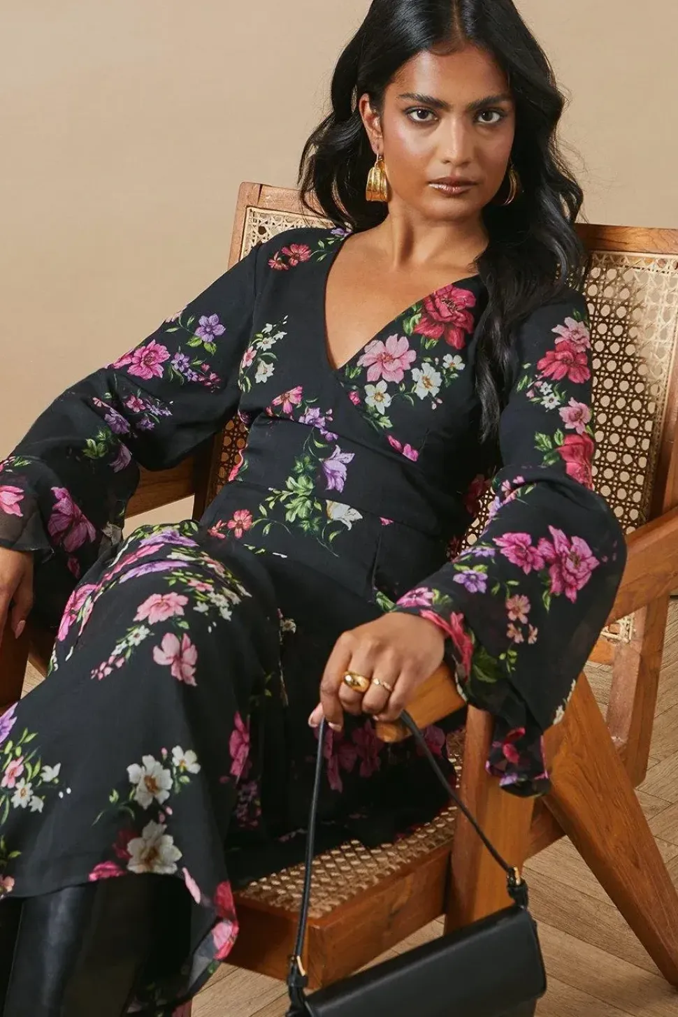 Watercolour Floral Chiffon Ruffle Midi Dress