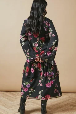 Watercolour Floral Chiffon Ruffle Midi Dress