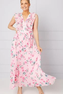 Watercolour Floral Pleated Ruffle Maxi Dress