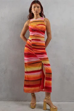 Watercolour Mesh Sleeveless Channel Detail Fitted Midi Dress