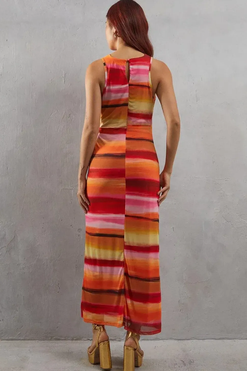 Watercolour Mesh Sleeveless Channel Detail Fitted Midi Dress