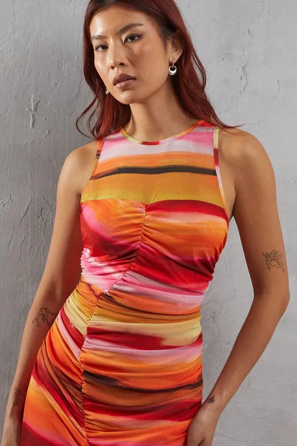 Watercolour Mesh Sleeveless Channel Detail Fitted Midi Dress
