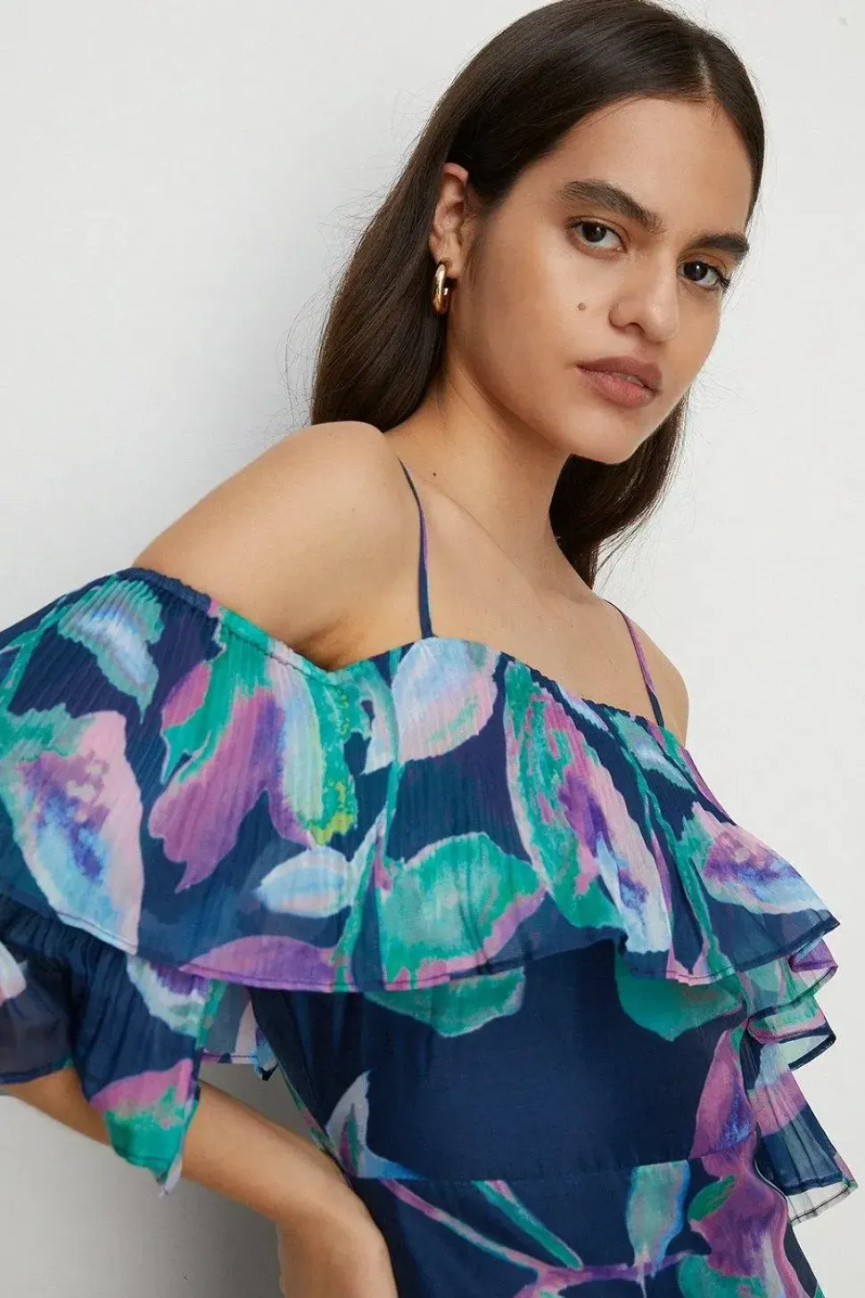 Watercolour Organza Pleated Ruffle Midi Dress