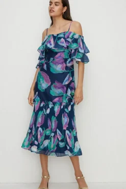 Watercolour Organza Pleated Ruffle Midi Dress