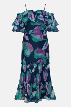 Watercolour Organza Pleated Ruffle Midi Dress