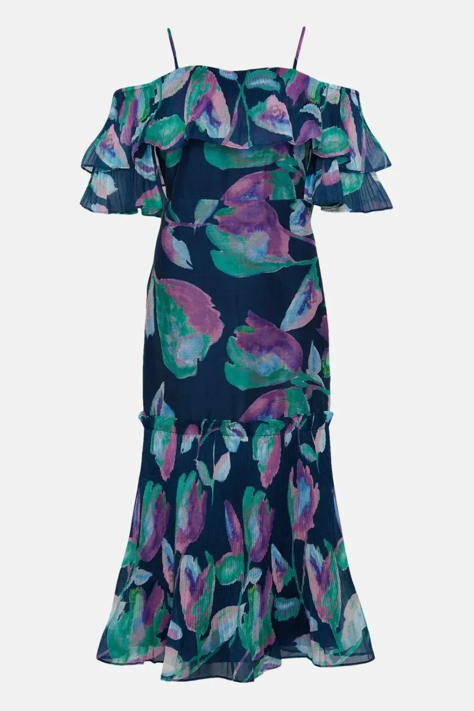 Watercolour Organza Pleated Ruffle Midi Dress