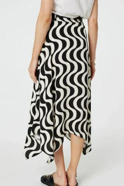 Wave Print Hanky Hem Belt Midi Skirt