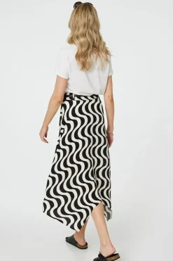 Wave Print Hanky Hem Belt Midi Skirt