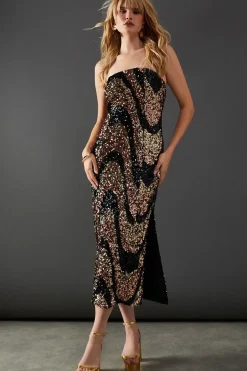 Wave Sequin Bandeau Split Side Midi Dress