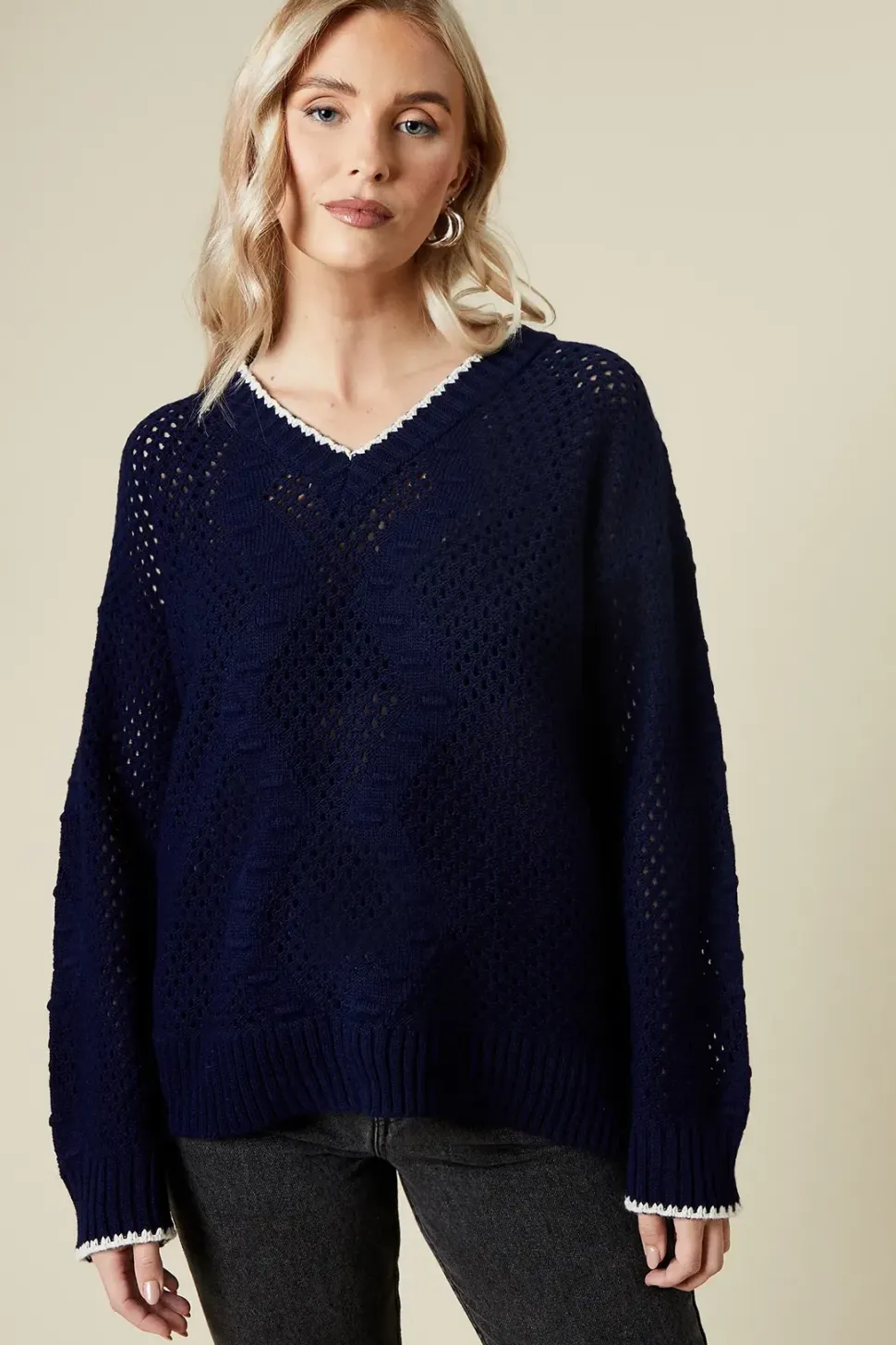 Whipstitch Cable Detail V Neck Jumper