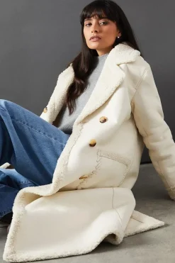 Whipstitch Faux Leather Shearling Coat