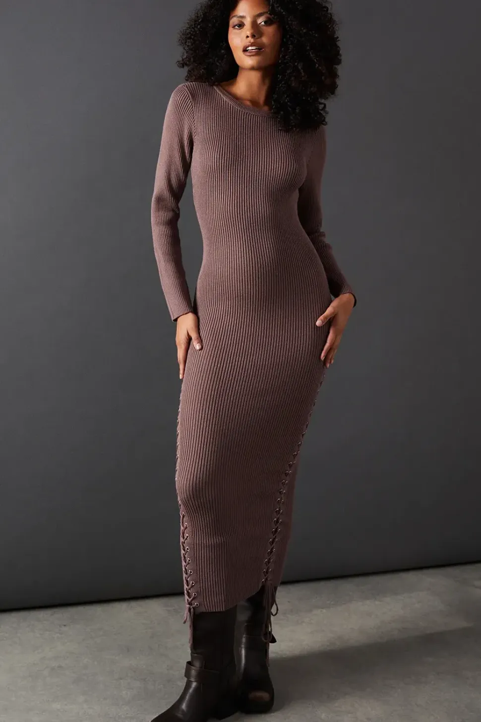 Whipstitch Front Slouchy Knitted Midi Dress