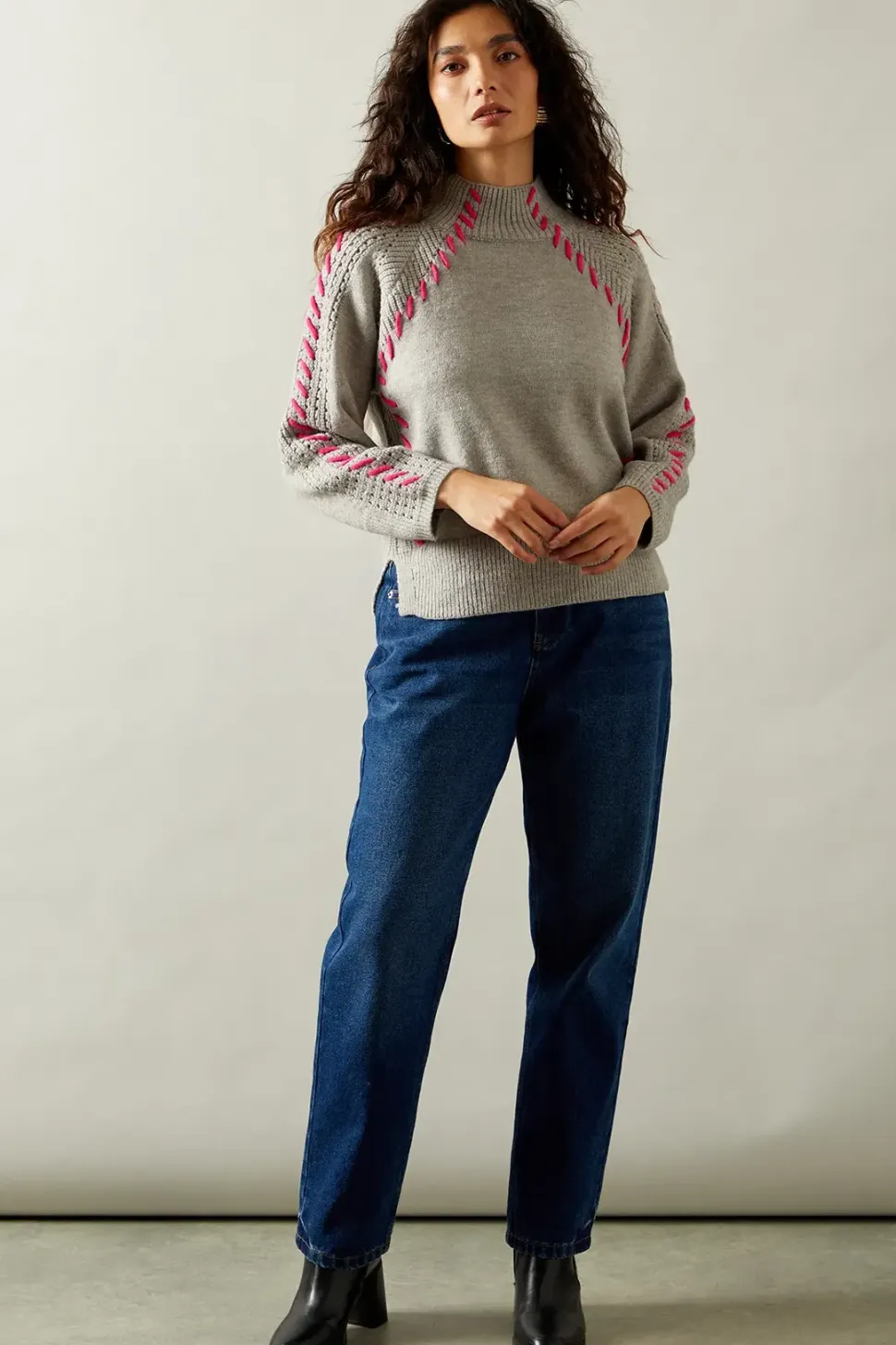 Whipstitch Pointelle Detail High Neck Jumper