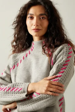 Whipstitch Pointelle Detail High Neck Jumper