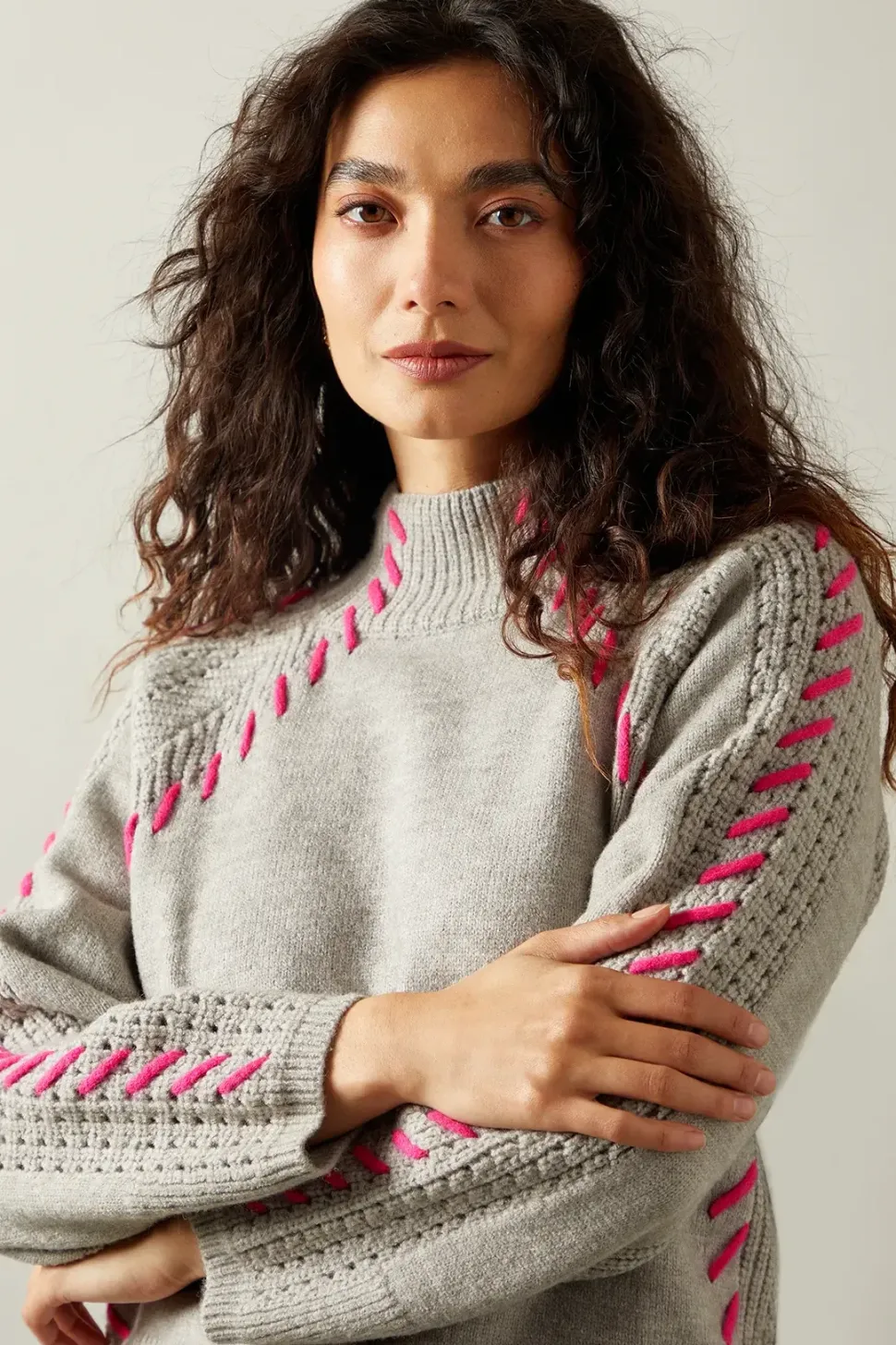 Whipstitch Pointelle Detail High Neck Jumper