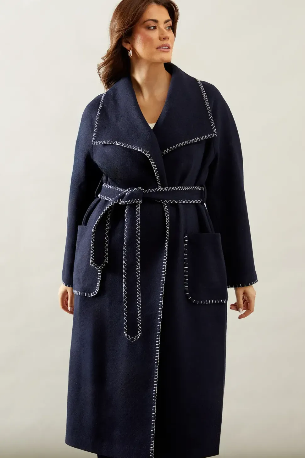 Whip stitch Shawl Collar Belted Coatblack