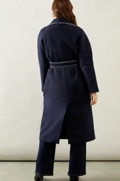 Whip stitch Shawl Collar Belted Coatblack