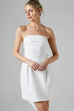 White Bow Back Bandeau Mini Wedding Dress In Stretch Crepe