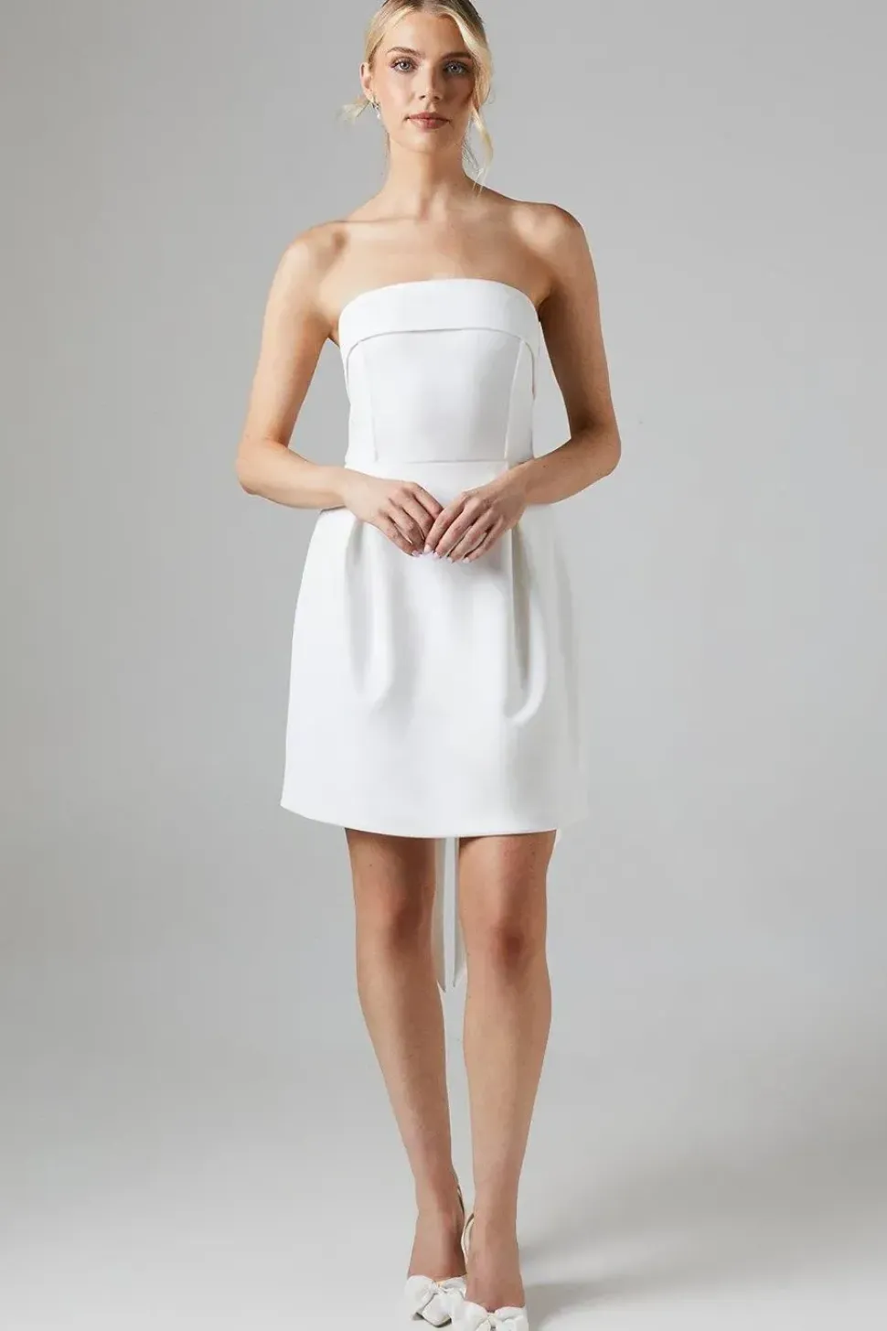 White Bow Back Bandeau Mini Wedding Dress In Stretch Crepe