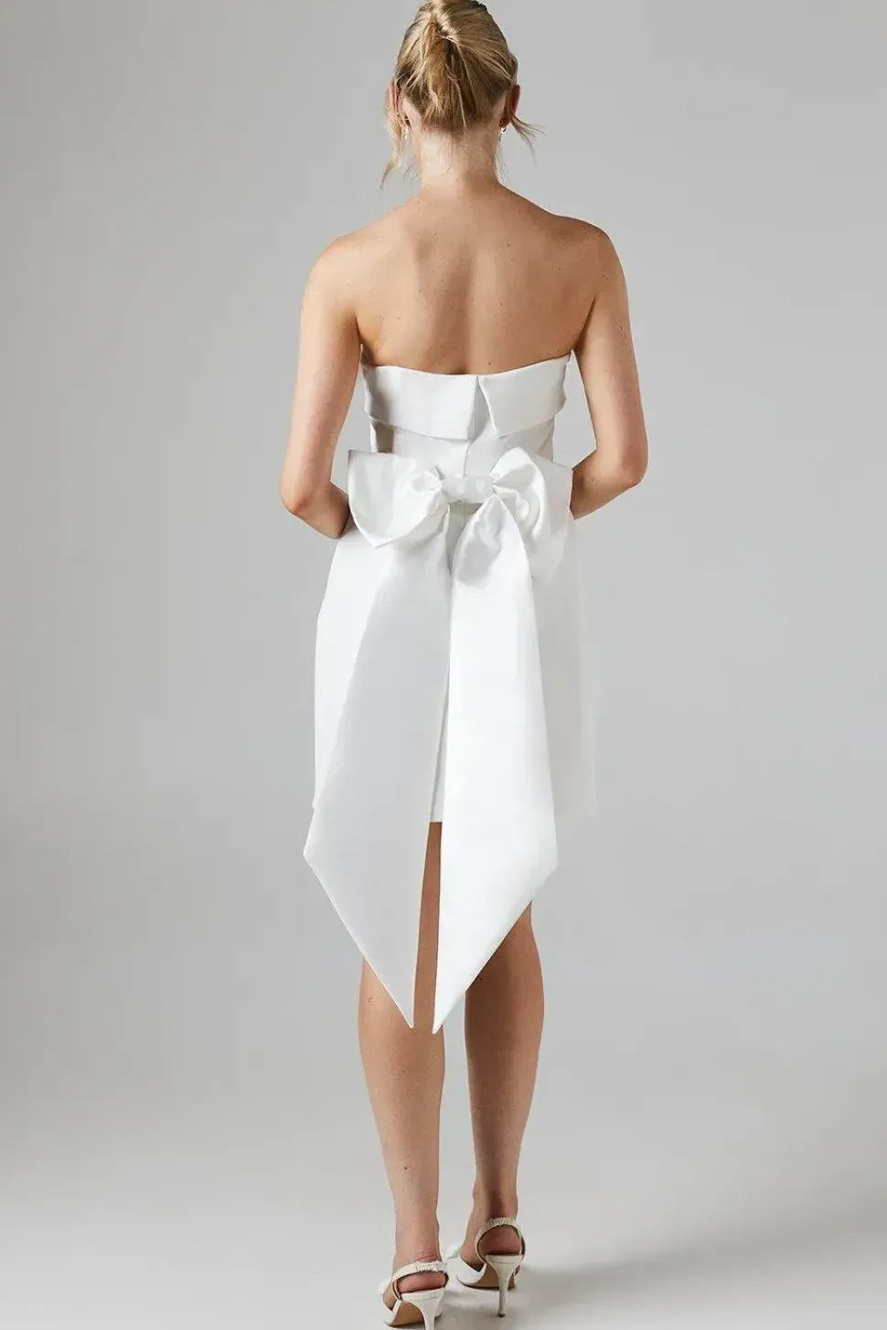 White Bow Back Bandeau Mini Wedding Dress In Stretch Crepe