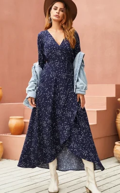 White Dandelion Floral Print Wrap Midaxi Dress In Navy