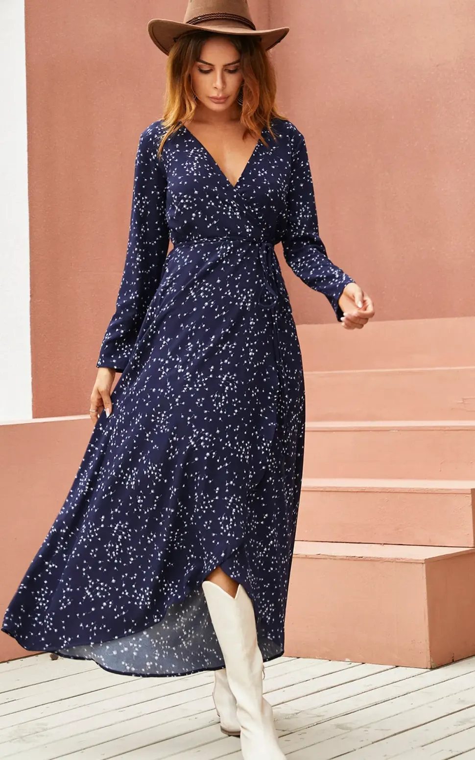 White Dandelion Floral Print Wrap Midaxi Dress In Navy