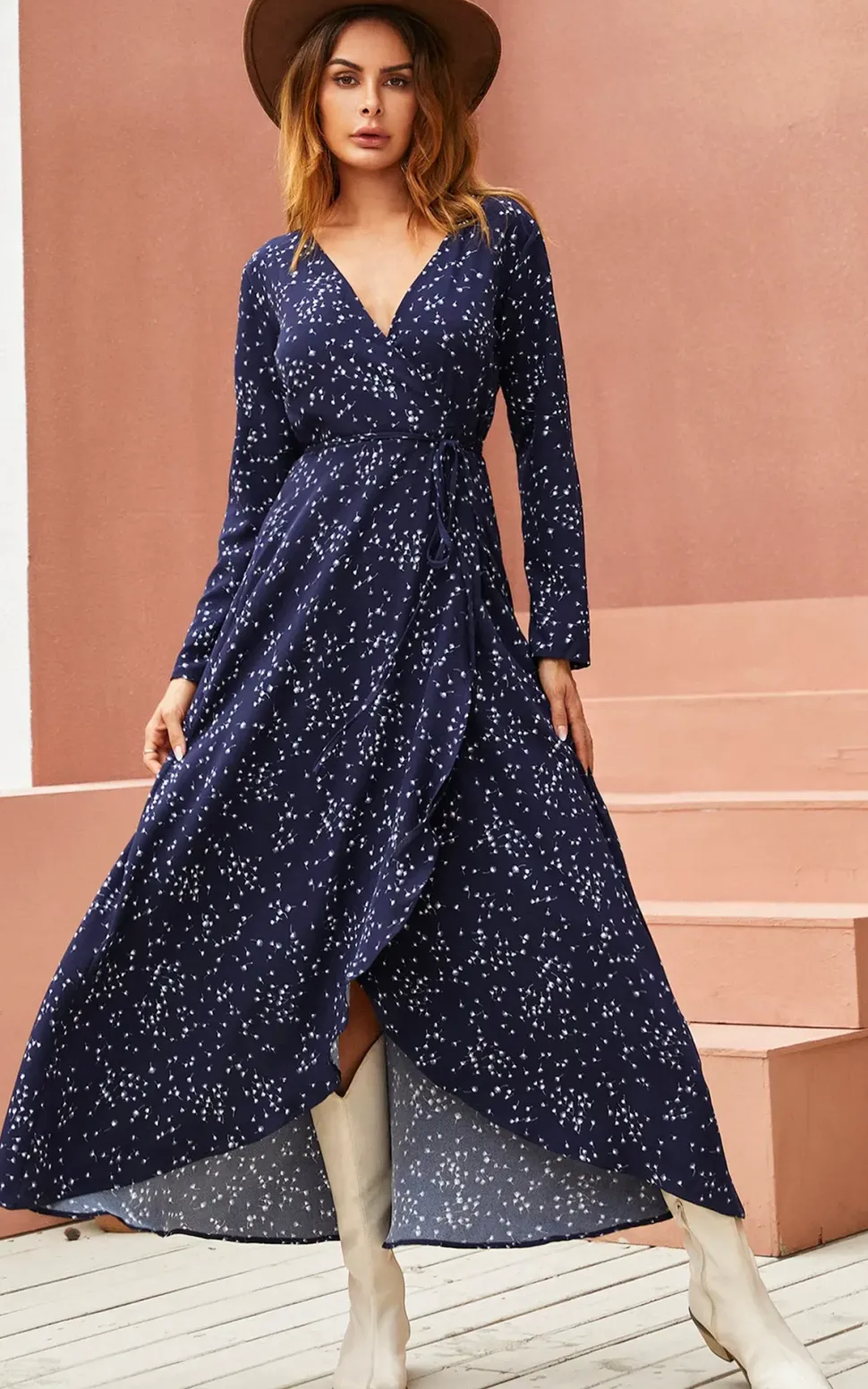 White Dandelion Floral Print Wrap Midaxi Dress In Navy