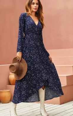 White Dandelion Floral Print Wrap Midaxi Dress In Navy