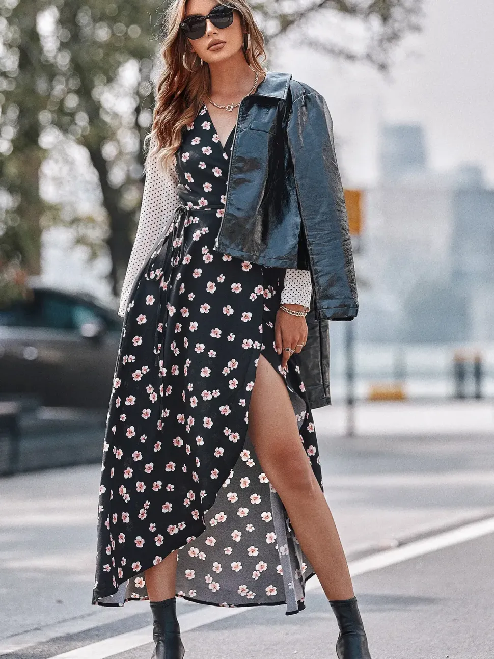 White Dot Floral Print Mix Wrap Dress In Black