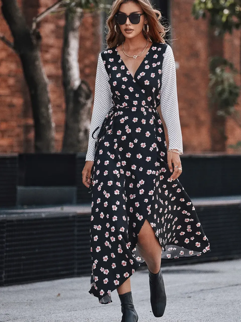 White Dot Floral Print Mix Wrap Dress In Black