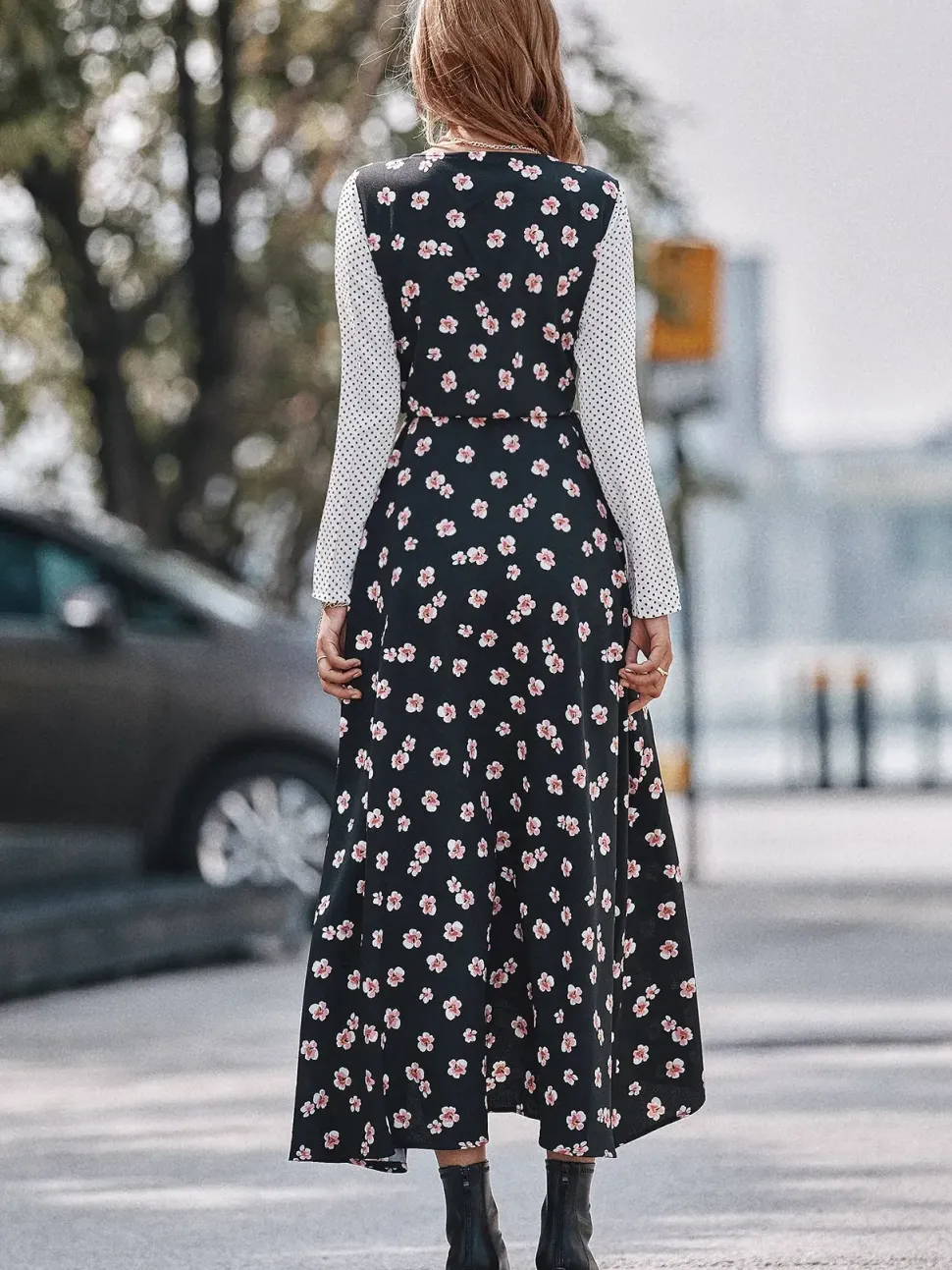 White Dot Floral Print Mix Wrap Dress In Black