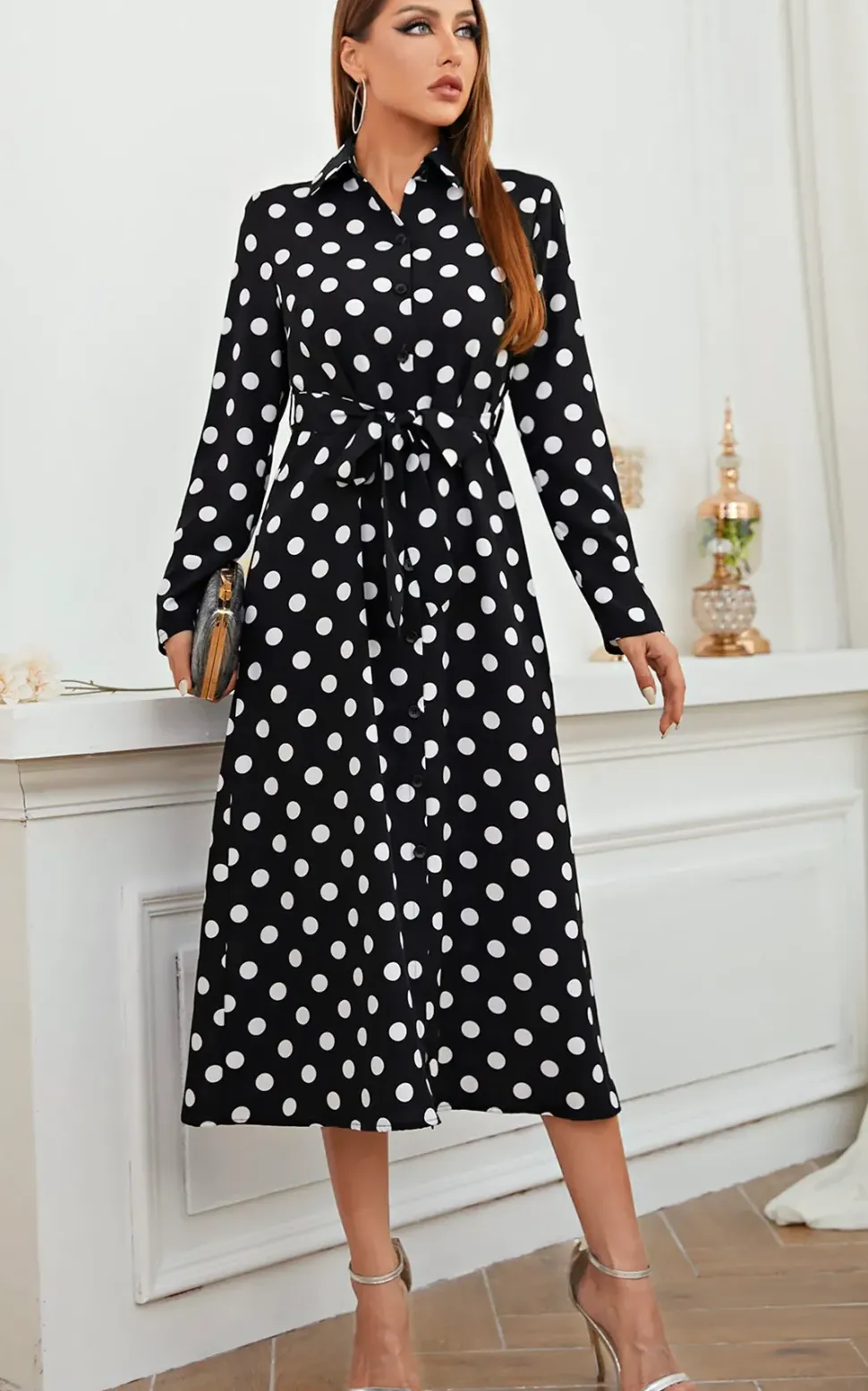 White Dot Print Midi Shirt Dress In Black