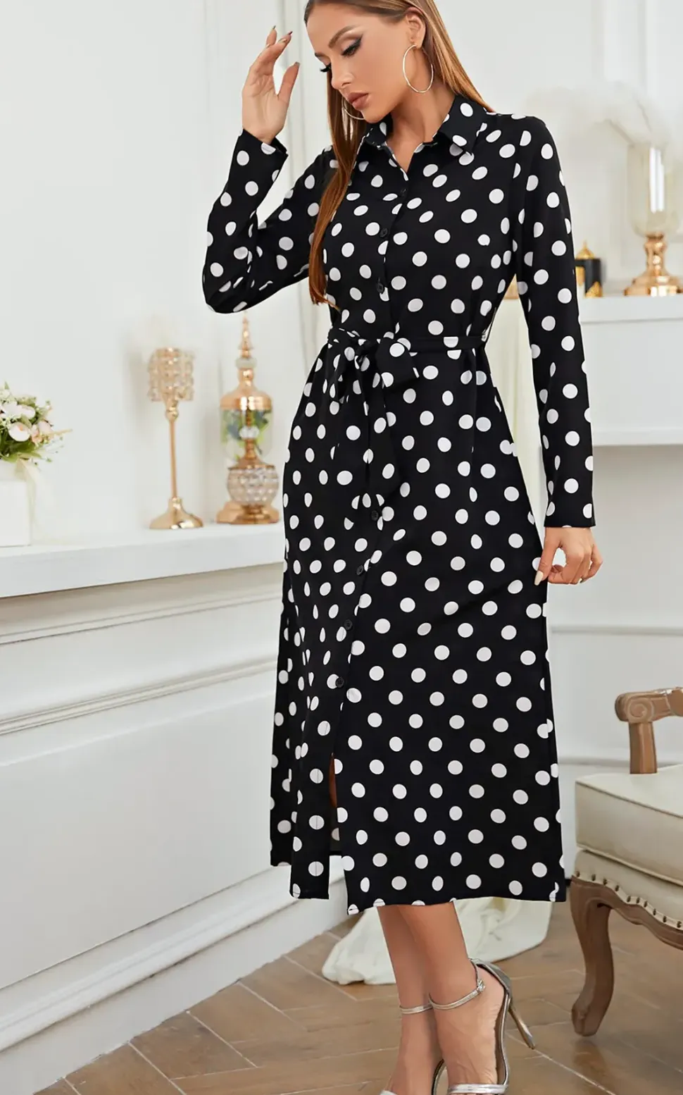 White Dot Print Midi Shirt Dress In Black