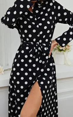 White Dot Print Midi Shirt Dress In Black