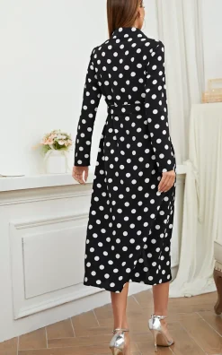 White Dot Print Midi Shirt Dress In Black