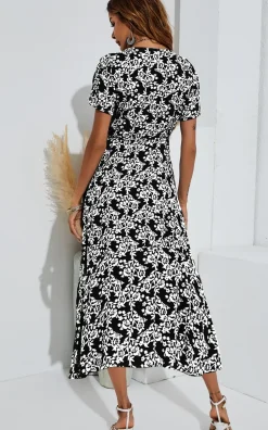 White Floral Print Wrap Midi Dress In Black