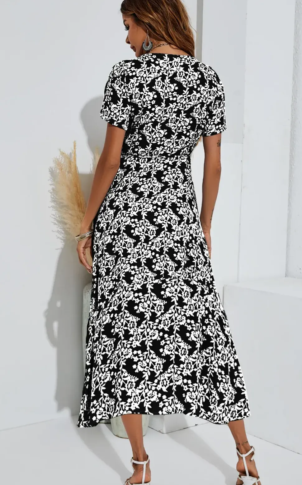 White Floral Print Wrap Midi Dress In Black