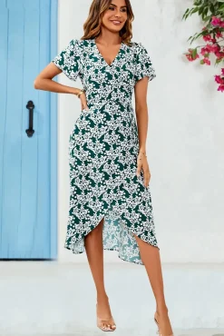 White Floral Print Wrap Midi Dress In Dark Green