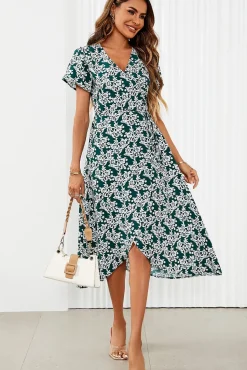 White Floral Print Wrap Midi Dress In Dark Green