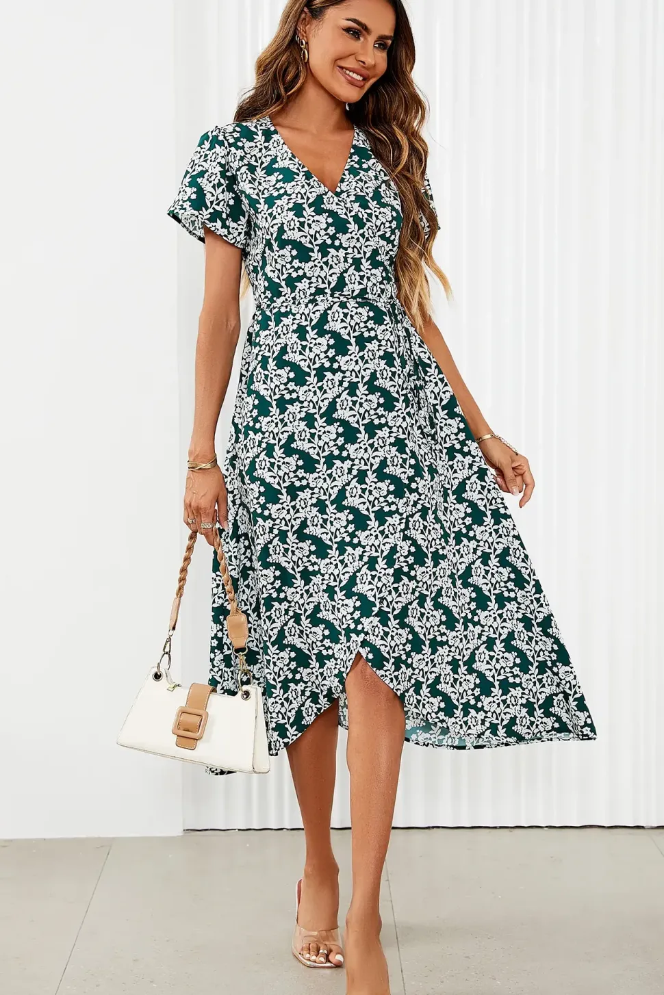 White Floral Print Wrap Midi Dress In Dark Green