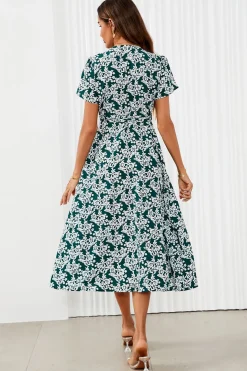 White Floral Print Wrap Midi Dress In Dark Green