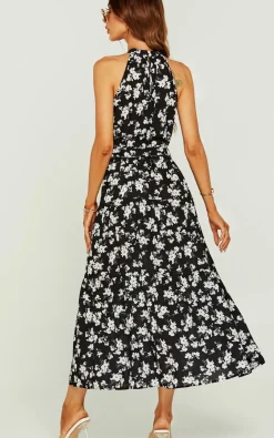 White Flora Print Halter Neck Maxi Layer Dress In Black