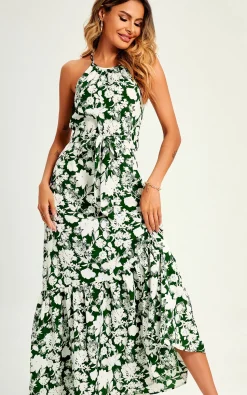 White Flora Print Halterneck Tiered Maxi Dress In Green