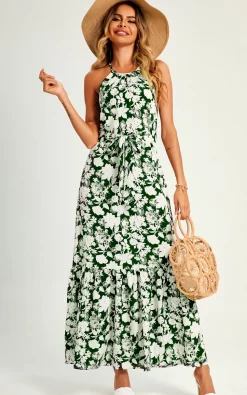 White Flora Print Halterneck Tiered Maxi Dress In Green