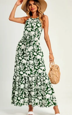 White Flora Print Halterneck Tiered Maxi Dress In Green