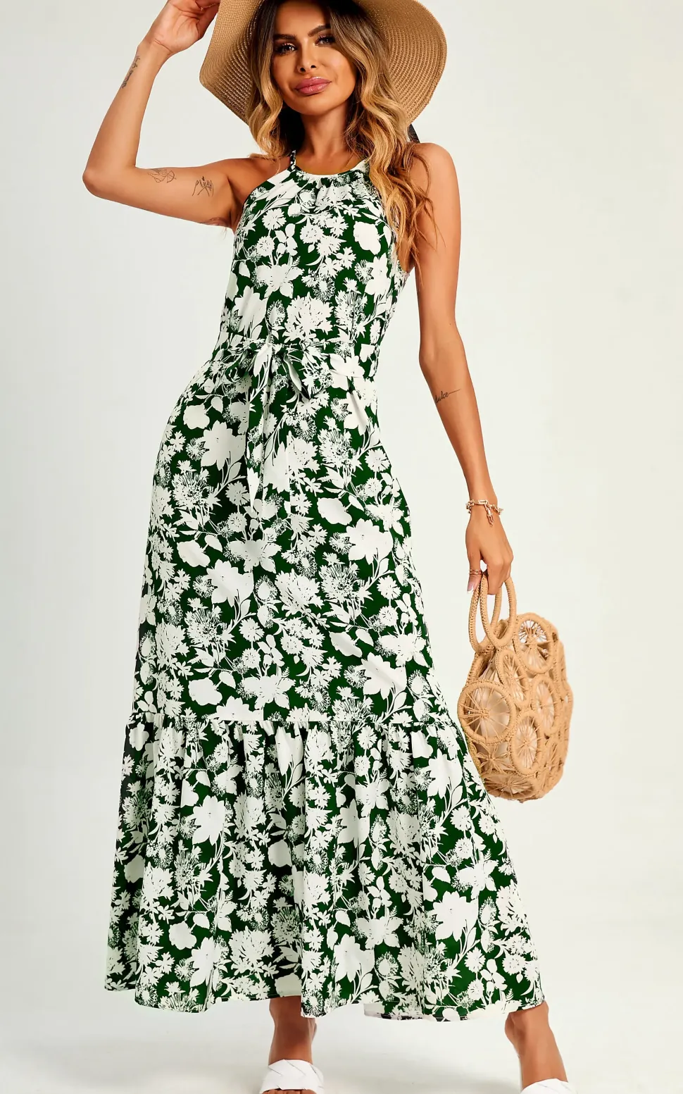 White Flora Print Halterneck Tiered Maxi Dress In Green