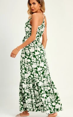 White Flora Print Halterneck Tiered Maxi Dress In Green