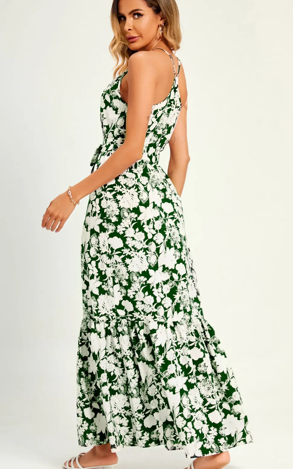 White Flora Print Halterneck Tiered Maxi Dress In Green